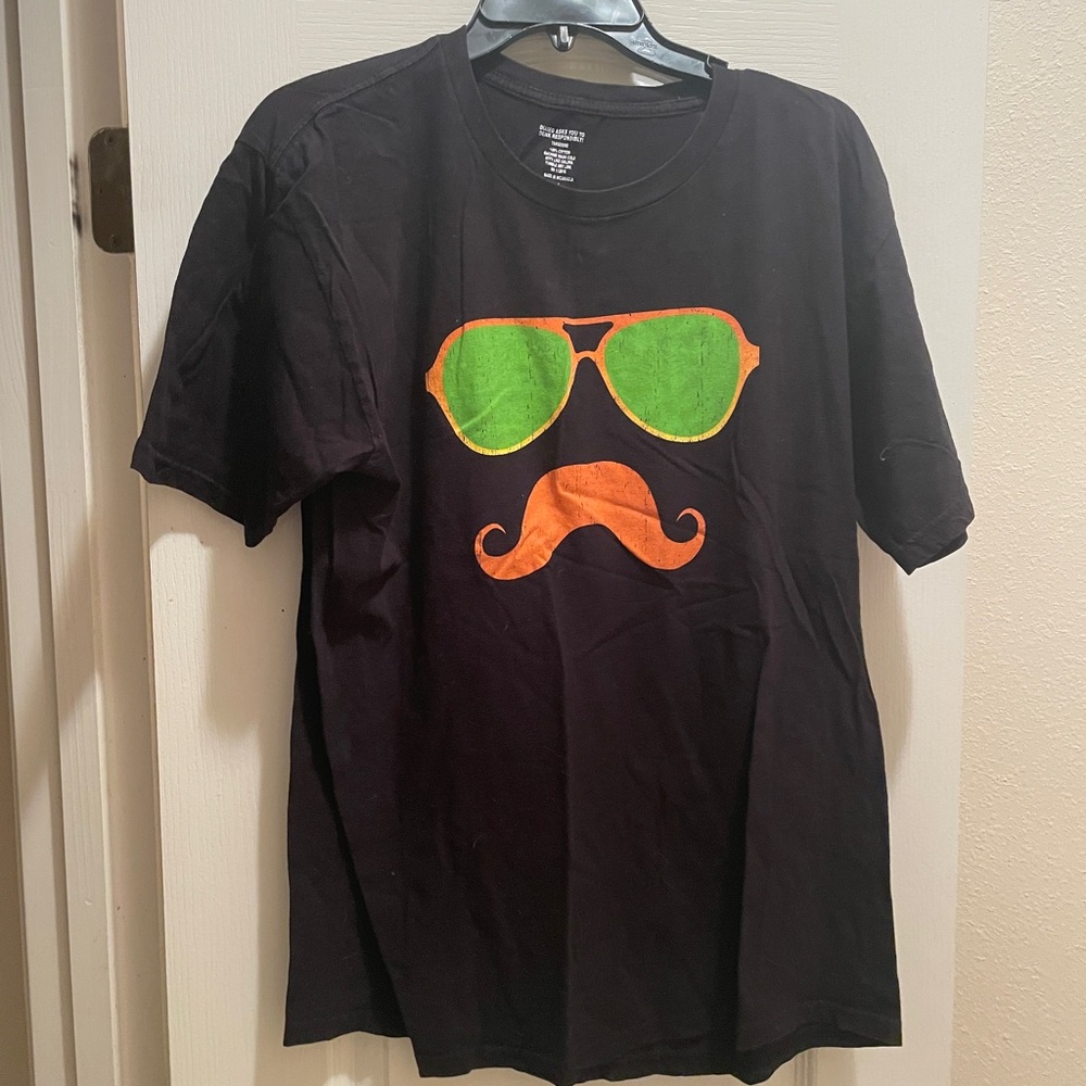 Black and Green Short Sleeve Tee with Fun Mustache Graphic